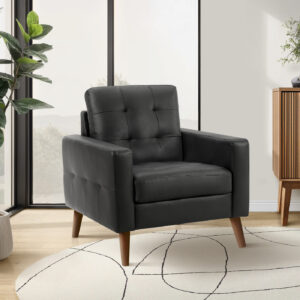 Chair, 31" Wide, Upholstered, Accent Chair, Black Leather Look, Walnut Wood Legs, Mid Century, Modern