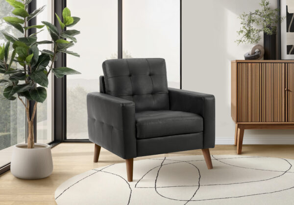 Chair, 31″ Wide, Upholstered, Accent Chair, Black Leather Look, Walnut Wood Legs, Mid Century, Modern