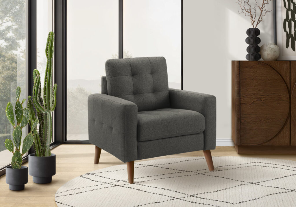 Chair, 31″ Wide, Upholstered, Accent Chair, Dark Grey Fabric, Walnut Wood Legs, Mid Century, Modern