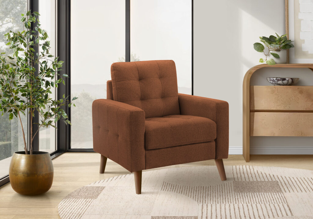 Chair, 31″ Wide, Accent Chair, Upholstered, Rust Fabric, Walnut Wood Legs, Mid Century