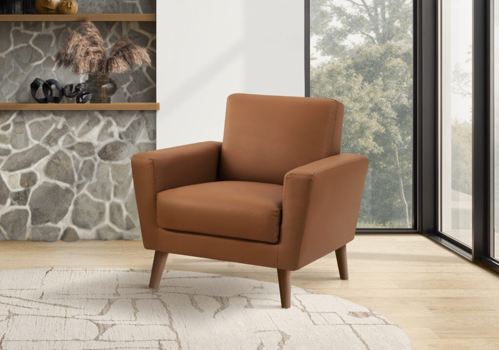 Chair, 34″ Wide, Upholstered, Accent Chair, Cognac Leather Look, Walnut Wood Legs, Mid Century