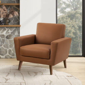 Chair, 34" Wide, Upholstered, Accent Chair, Cognac Leather Look, Walnut Wood Legs, Mid Century
