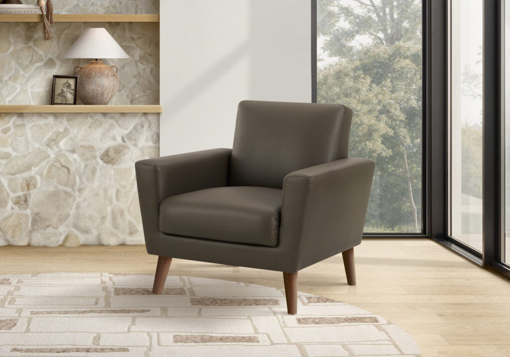 Chair, 34″ Wide, Upholstered, Accent Chair, Brown Leather Look, Walnut Wood Legs, Mid Century, Modern