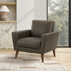 Chair, 34" Wide, Upholstered, Accent Chair, Brown Leather Look, Walnut Wood Legs, Mid Century, Modern