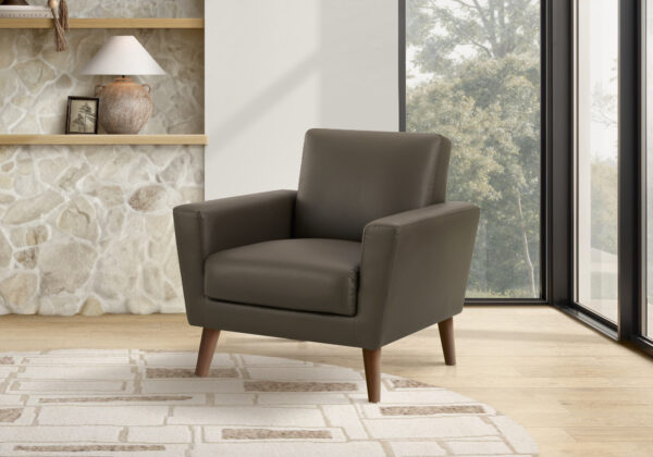 Chair, 34″ Wide, Upholstered, Accent Chair, Brown Leather Look, Walnut Wood Legs, Mid Century, Modern