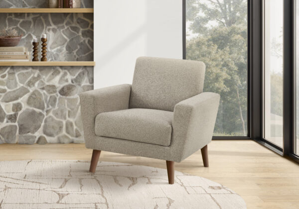 Chair, 34″ Wide, Upholstered, Accent Chair, Light Brown Fabric, Walnut Wood Legs, Mid Century, Modern