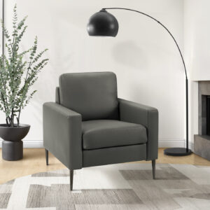 Chair, 32" Wide, Upholstered, Accent Chair, Dark Grey Leather Look, Black Metal Legs, Contemporary, Modern