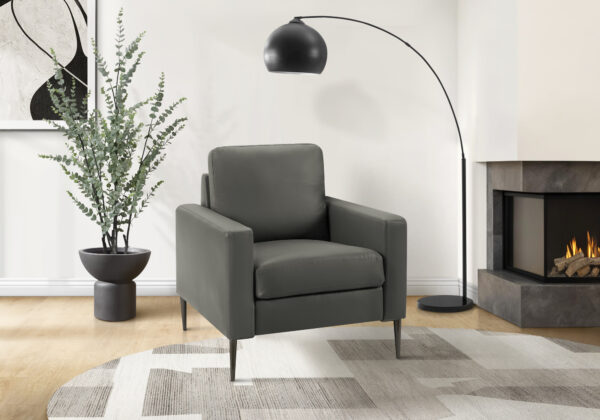 Chair, 32″ Wide, Upholstered, Accent Chair, Dark Grey Leather Look, Black Metal Legs, Contemporary, Modern