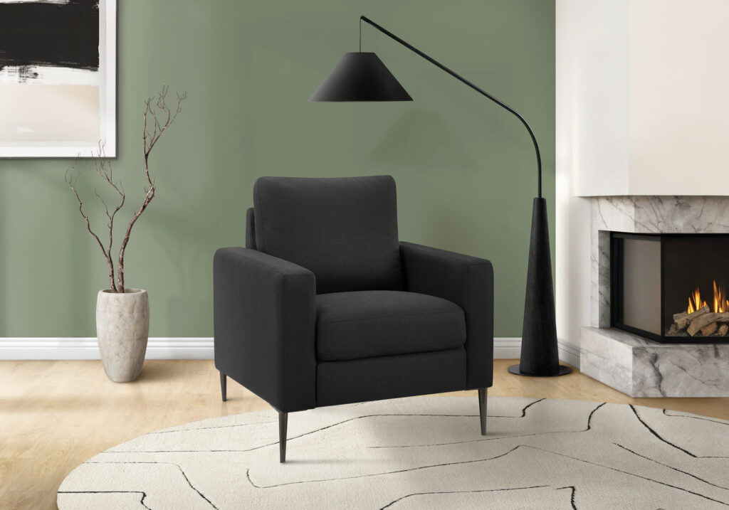 Chair, 32″ Wide, Upholstered, Accent Chair, Black Fabric, Black Metal Legs, Contemporary, Modern