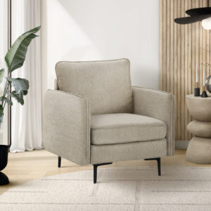Chair, 32" Wide, Upholstered, Accent Chair, Beige Fabric, Black Metal Legs