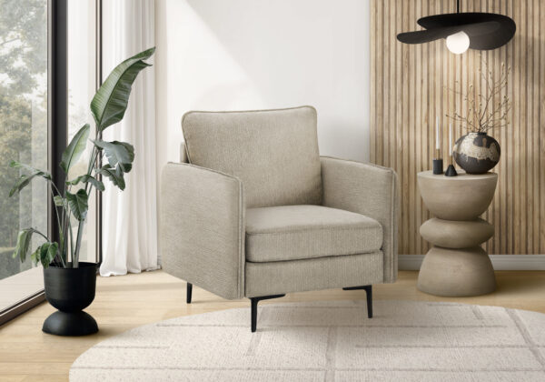 Chair, 32″ Wide, Upholstered, Accent Chair, Beige Fabric, Black Metal Legs
