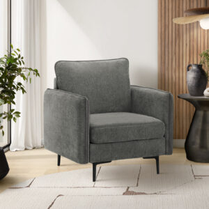 Chair, 32" Wide, Upholstered, Accent Chair, Dark Grey Fabric, Black Metal Legs