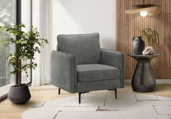 Chair, 32″ Wide, Upholstered, Accent Chair, Dark Grey Fabric, Black Metal Legs