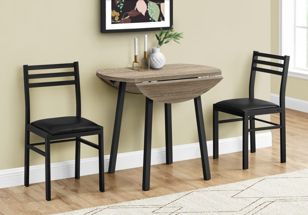 Dining Table Set, 3pcs Set, Small, 35″ Drop Leaf, Kitchen, Black Metal, Brown Laminate, Contemporary, Modern