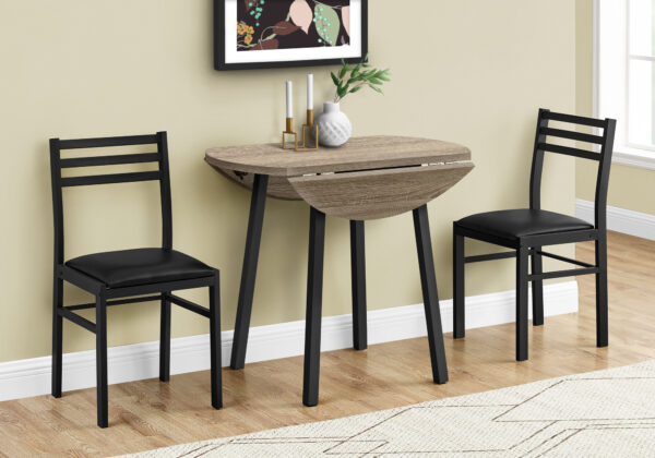 Dining Table Set, 3pcs Set, Small, 35″ Drop Leaf, Kitchen, Black Metal, Brown Laminate, Contemporary, Modern