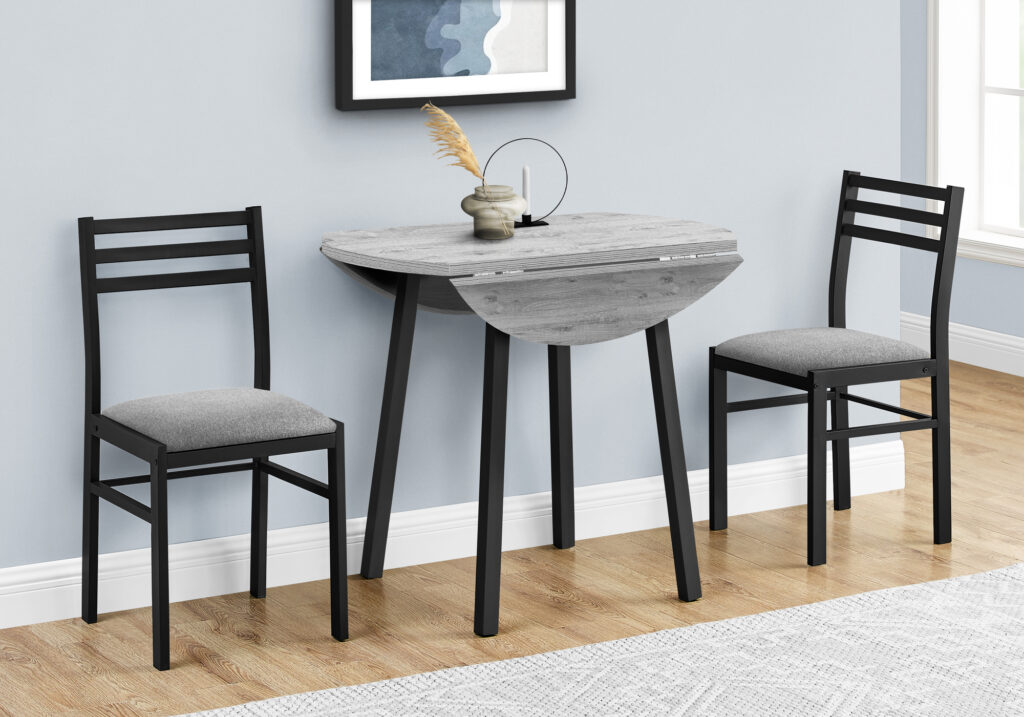 Dining Table Set, 3pcs Set, Small, 35″ Drop Leaf, Kitchen, Black Metal, Grey Laminate, Contemporary, Modern