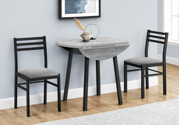 Dining Table Set, 3pcs Set, Small, 35″ Drop Leaf, Kitchen, Black Metal, Grey Laminate, Contemporary, Modern