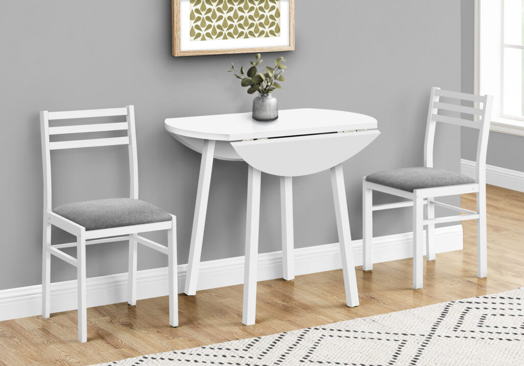 Dining Table Set, 3pcs Set, Small, 35″ Drop Leaf, Kitchen, White Metal And Laminate, Grey Fabric, Contemporary, Modern