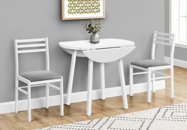Dining Table Set, 3pcs Set, Small, 35″ Drop Leaf, Kitchen, White Metal And Laminate, Grey Fabric, Contemporary, Modern