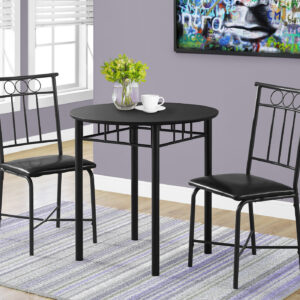 Dining Table Set, 3pcs Set, Small, 30" Round, Kitchen, Black Metal And Laminate, Leather Look, Contemporary, Modern