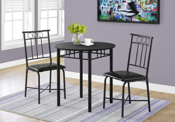 Dining Table Set, 3pcs Set, Small, 30″ Round, Kitchen, Black Metal And Laminate, Leather Look, Contemporary, Modern