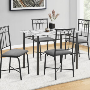 Dining Table Set, 5pcs Set, Small, 40" Rectangular, Kitchen, White Marble Look Laminate, Black Metal, Contemporary, Modern