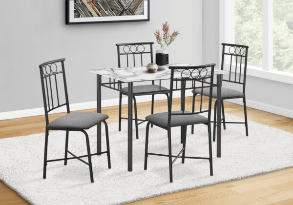 Dining Table Set, 5pcs Set, Small, 40″ Rectangular, Kitchen, White Marble Look Laminate, Black Metal, Contemporary, Modern