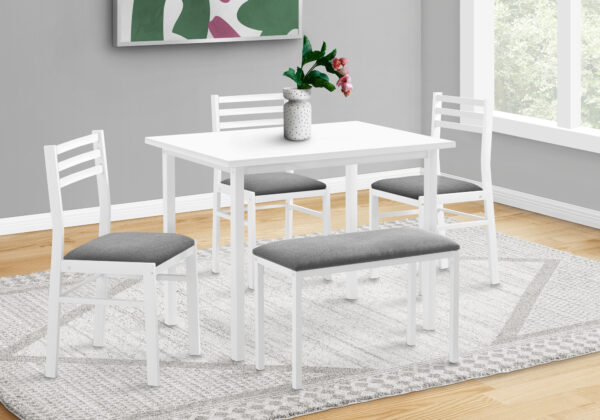 Dining Set, 5pcs Set, 40″ Rectangular, Kitchen, Small, White Metal And Laminate, Grey Fabric, Contemporary, Modern