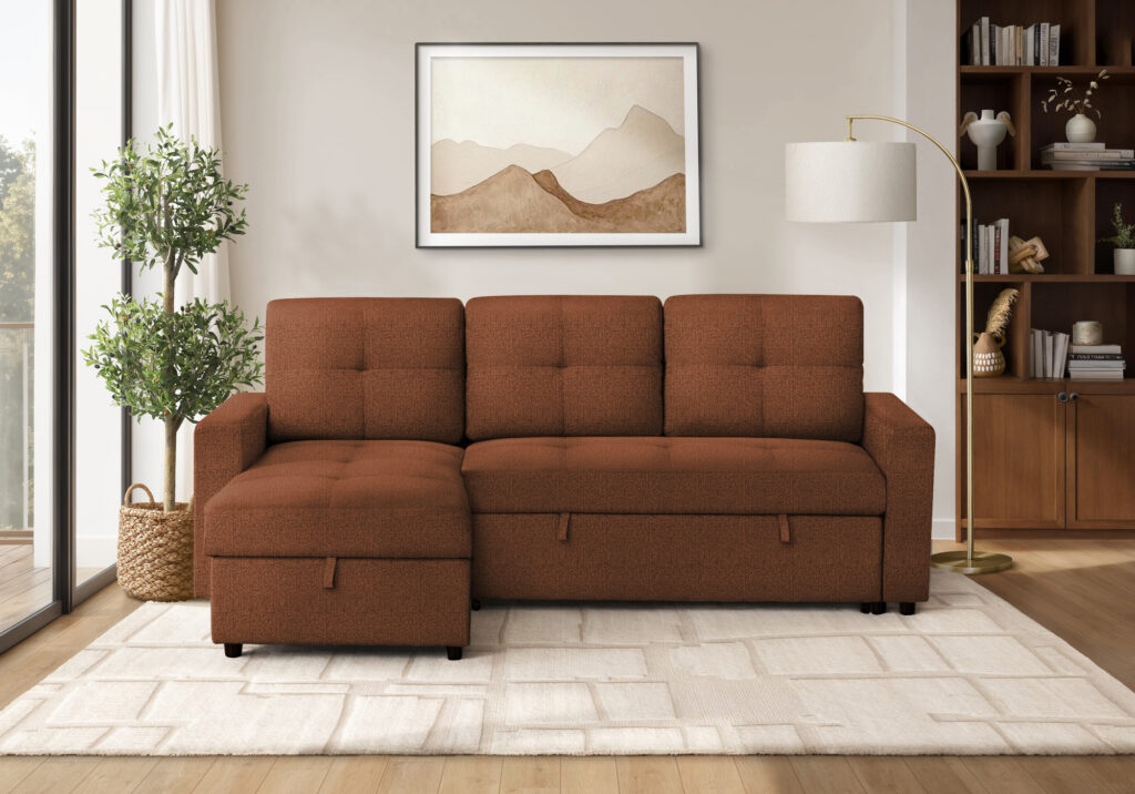 Rust fabric storage lounger sleeper sofa