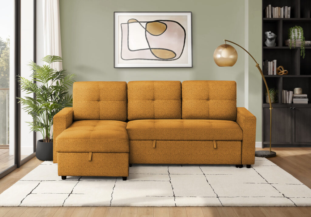 Orange fabric storage lounger sleeper sofa