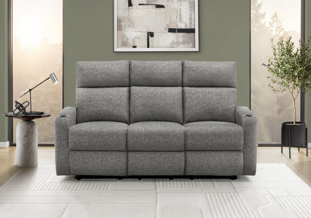 Grey fabric cupholders reclining sofa