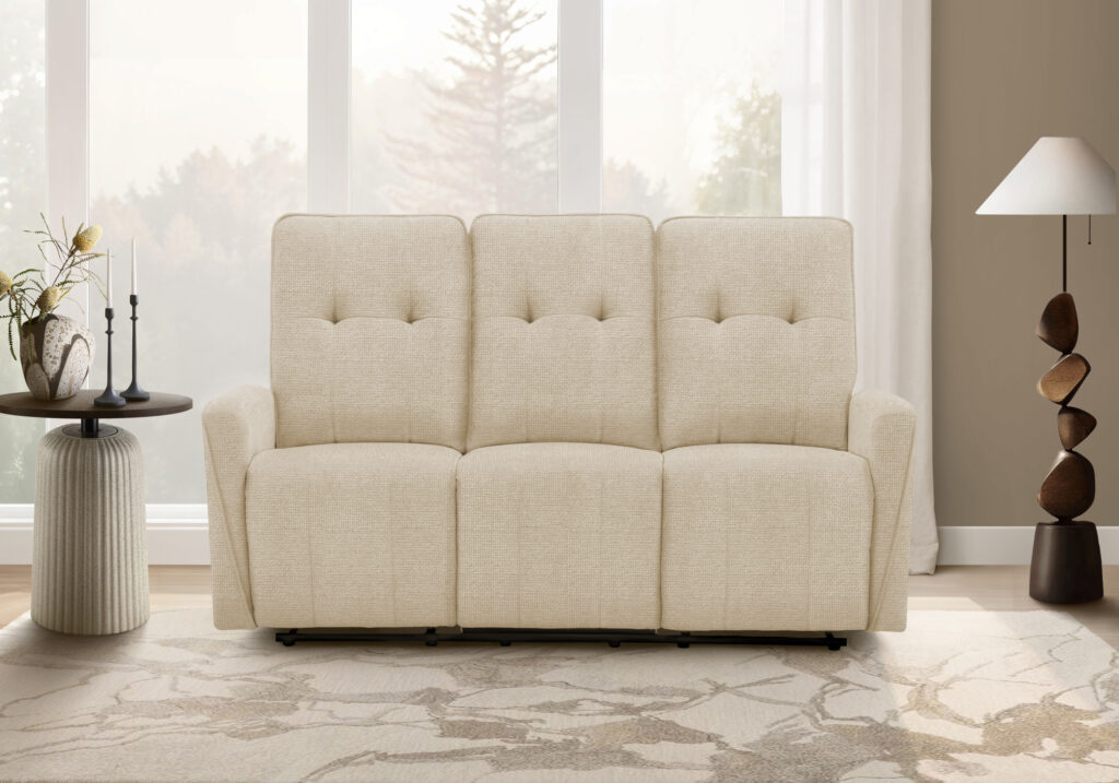 Beige fabric power breeze reclining sofa