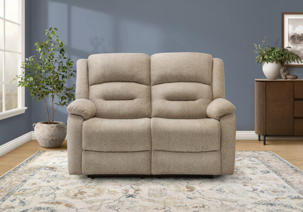 Beige fabric power sky reclining love seat