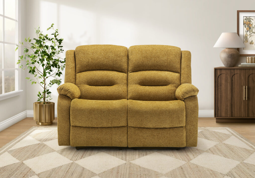 Gold fabric power sky reclining love seat