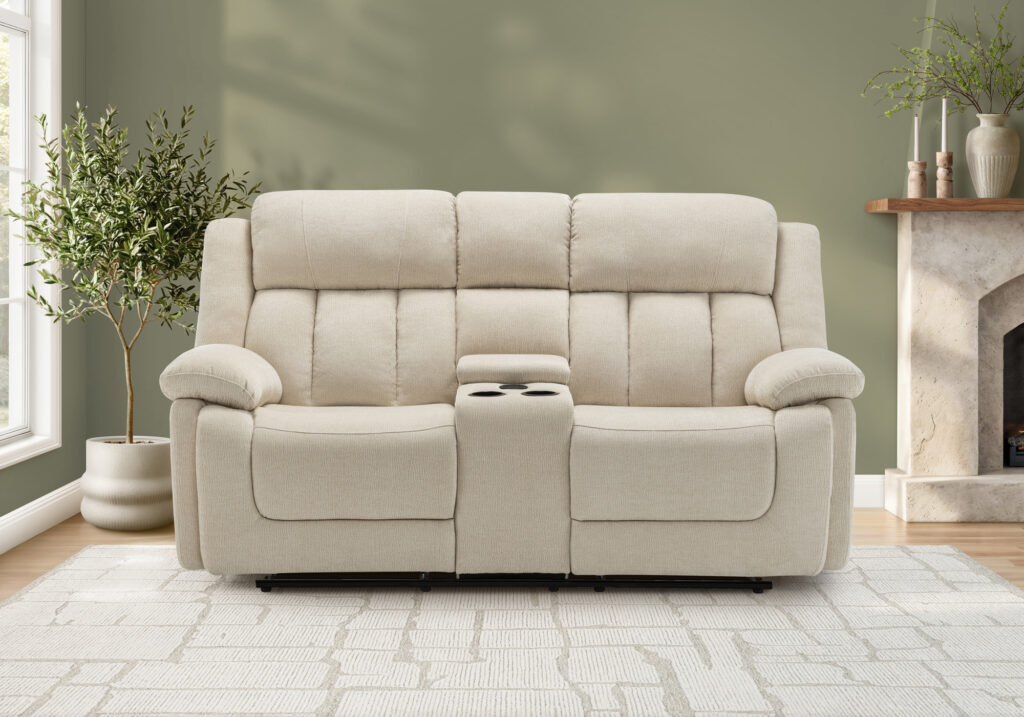 Beige power console city reclining love seat