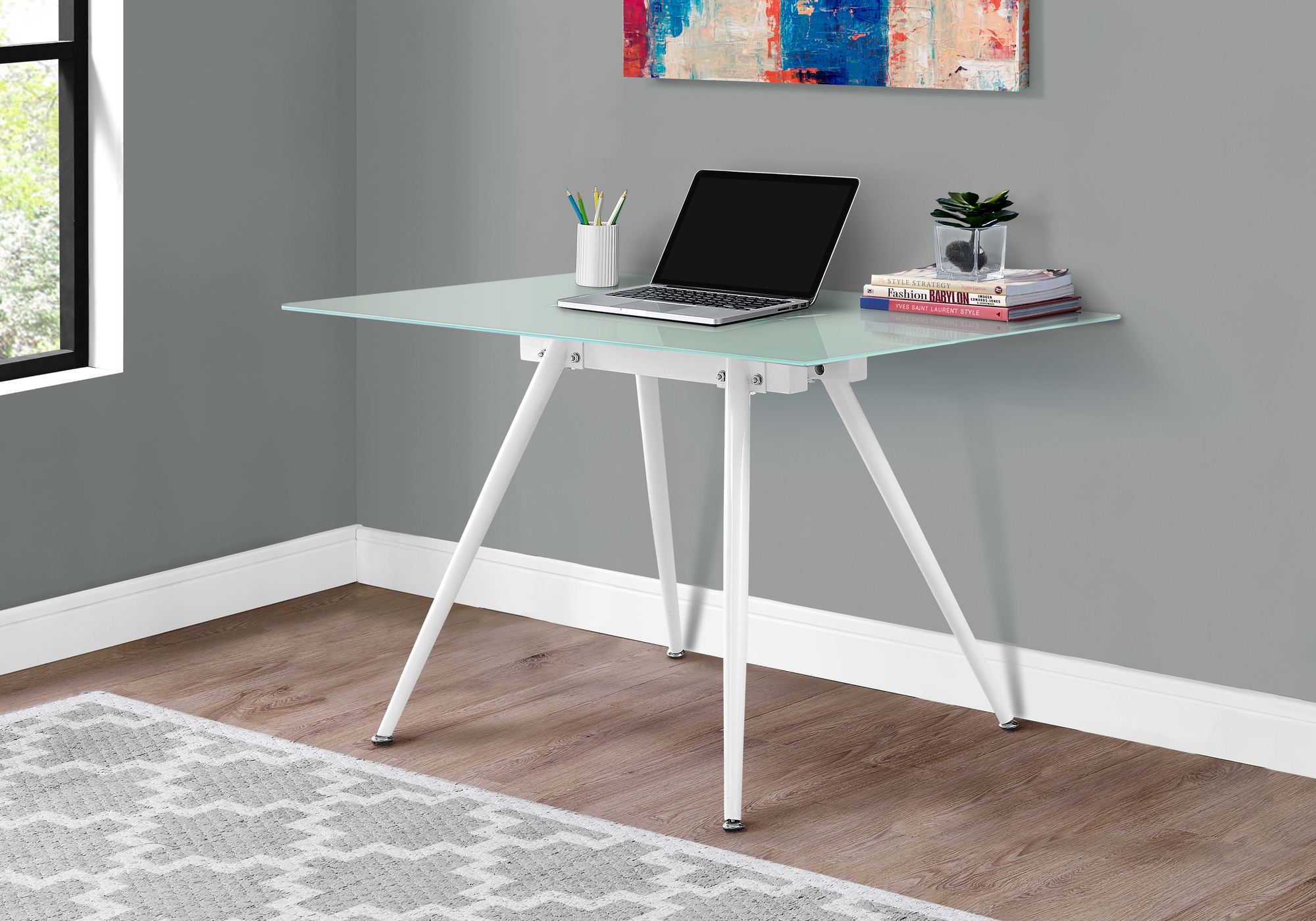 Computer Desk, Home Office, Laptop, 48″L, Work, White Metal, Tempered Glass, Contemporary, Modern