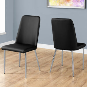 Dining Chair, Set Of 2, Side, Upholstered, Kitchen, Dining Room, Black Leather Look, Chrome Metal, Contemporary, Modern