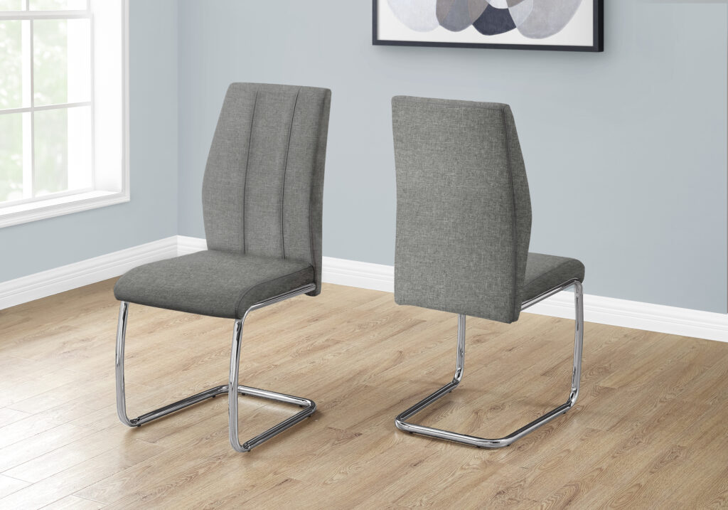 Dining Chair, Set Of 2, Side, Upholstered, Kitchen, Dining Room, 39″ Height, Grey Fabric, Chrome Metal, Contemporary, Modern