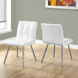 Dining Chair, Set Of 2, Side, Upholstered, Kitchen, Dining Room, White Leather Look, Chrome Metal, Contemporary, Modern