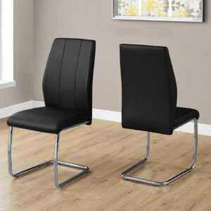 Dining Chair, Set Of 2, Side, Upholstered, Kitchen, Dining Room, 39" Height, Black Leather Look, Chrome Metal, Contemporary, Modern