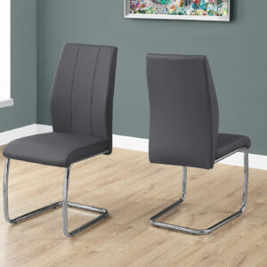 Dining Chair, Set Of 2, Side, Upholstered, Kitchen, Dining Room, 39" Height, Grey Leather Look, Chrome Metal, Contemporary, Modern