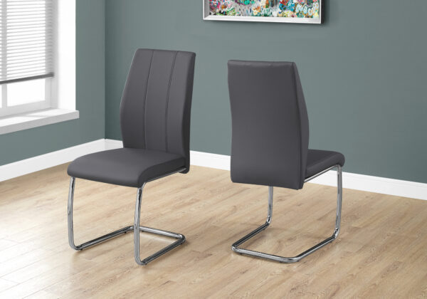 Dining Chair, Set Of 2, Side, Upholstered, Kitchen, Dining Room, 39″ Height, Grey Leather Look, Chrome Metal, Contemporary, Modern