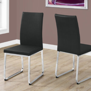 Dining Chair, Set Of 2, Side, Upholstered, Kitchen, Dining Room, Black Leather Look, Chrome Metal, Contemporary, Modern