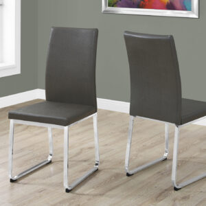 Dining Chair, Set Of 2, Side, Upholstered, Kitchen, Dining Room, Grey Leather Look, Chrome Metal, Contemporary, Modern
