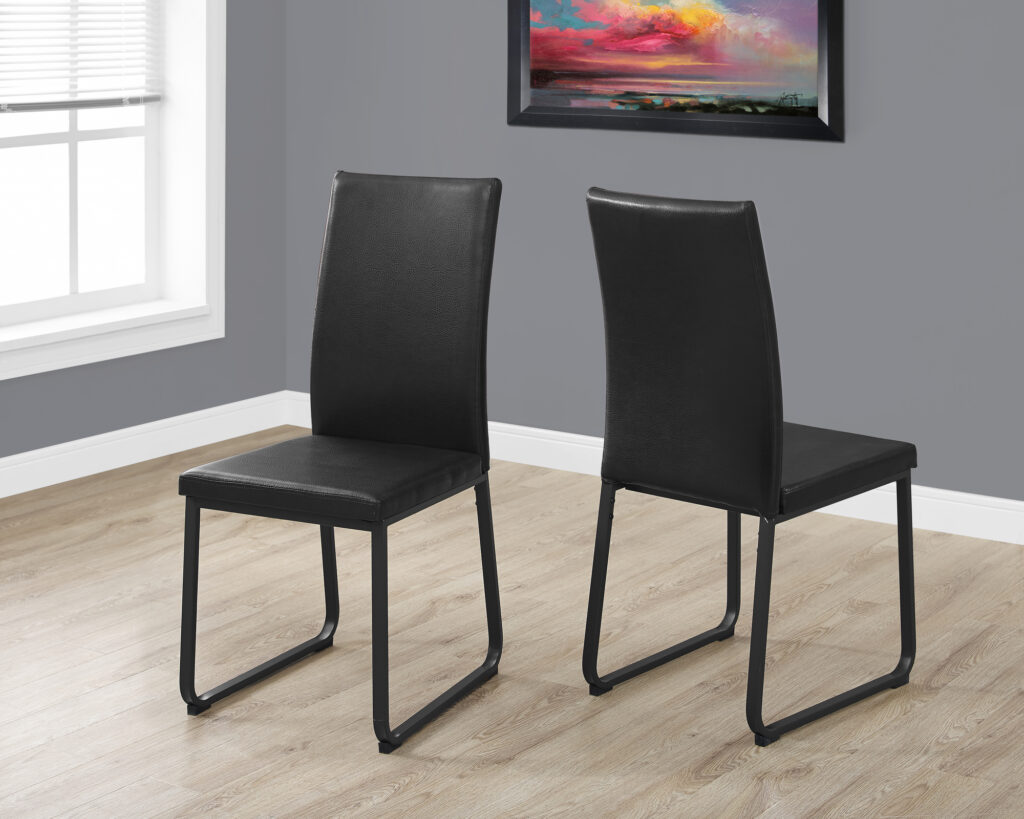 Dining Chair, Set Of 2, Side, Upholstered, Kitchen, Dining Room, Black Leather Look, Black Metal, Contemporary, Modern