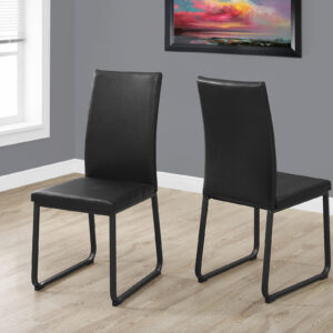 Dining Chair, Set Of 2, Side, Upholstered, Kitchen, Dining Room, Black Leather Look, Black Metal, Contemporary, Modern
