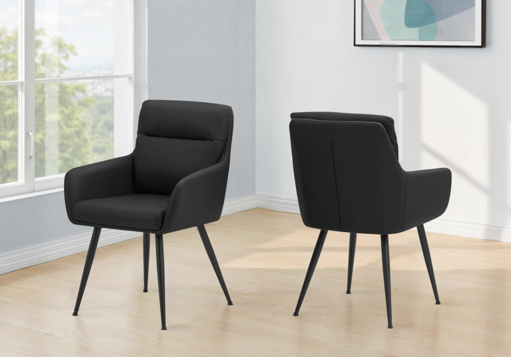 Dining Chair, 34″ Height, Set Of 2, Upholstered, Side, Dining Room, Kitchen, Black Leather Look, Black Metal, Contemporary, Modern