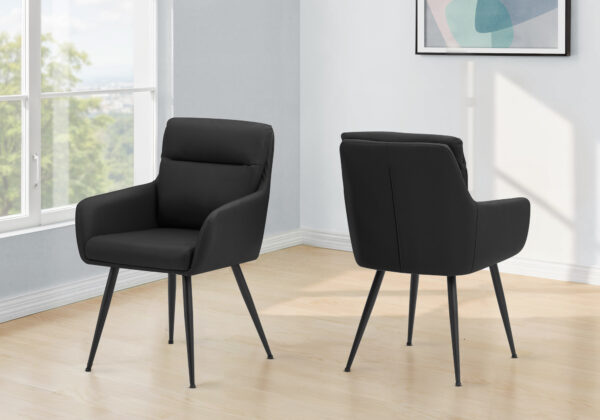Dining Chair, 34″ Height, Set Of 2, Upholstered, Side, Dining Room, Kitchen, Black Leather Look, Black Metal, Contemporary, Modern