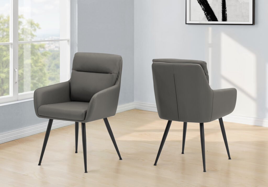 Dining Chair, 34″ Height, Set Of 2, Upholstered, Side, Dining Room, Kitchen, Grey Leather Look, Black Metal, Contemporary, Modern