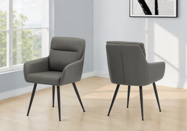 Dining Chair, 34″ Height, Set Of 2, Upholstered, Side, Dining Room, Kitchen, Grey Leather Look, Black Metal, Contemporary, Modern